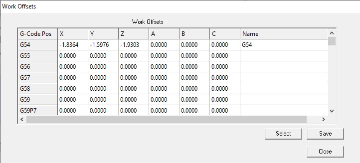 mach3 work offset table