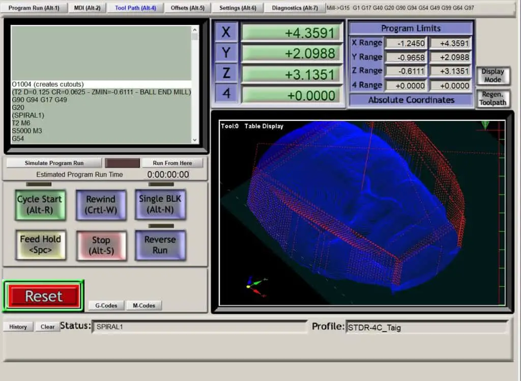 spiral toolpath loaded in mach3