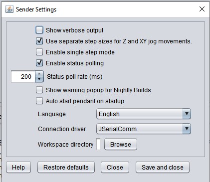 Universal Gcode Sender sender settings